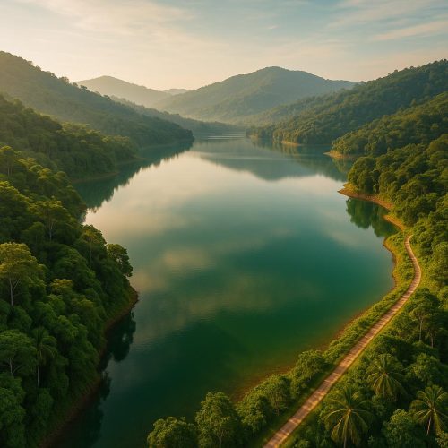 Bang-Wad-Reservoir auf Phuket bei Sonnenaufgang mit tropischem Grün und Laufweg – Fitness & Ausdauertraining in Thailand