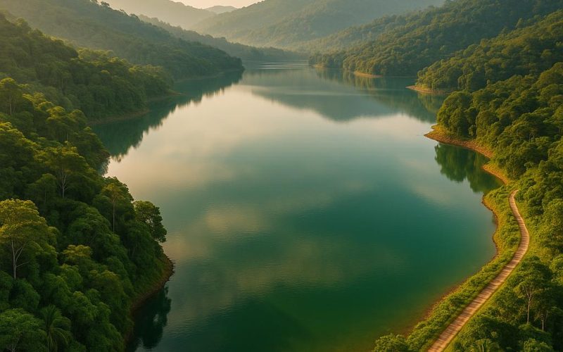 Bang-Wad-Reservoir auf Phuket bei Sonnenaufgang mit tropischem Grün und Laufweg – Fitness & Ausdauertraining in Thailand