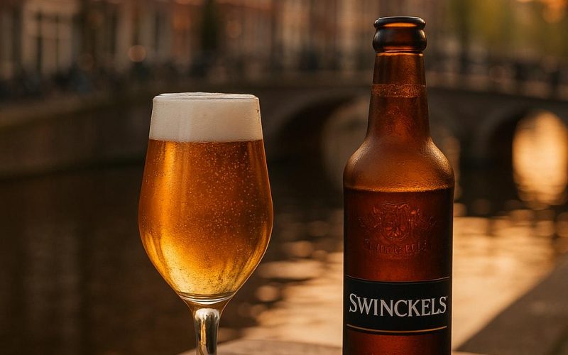 Goldgelbes Swinckels Pils im Glas auf einem Holztisch am Kanal in Amsterdam mit Giebelhäusern und Brücke im Hintergrund, ohne Personen