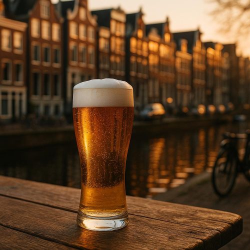 Goldenes Pilsnerglas vor Amsterdamer Grachtenhäusern im warmen Abendlicht, ohne Personen