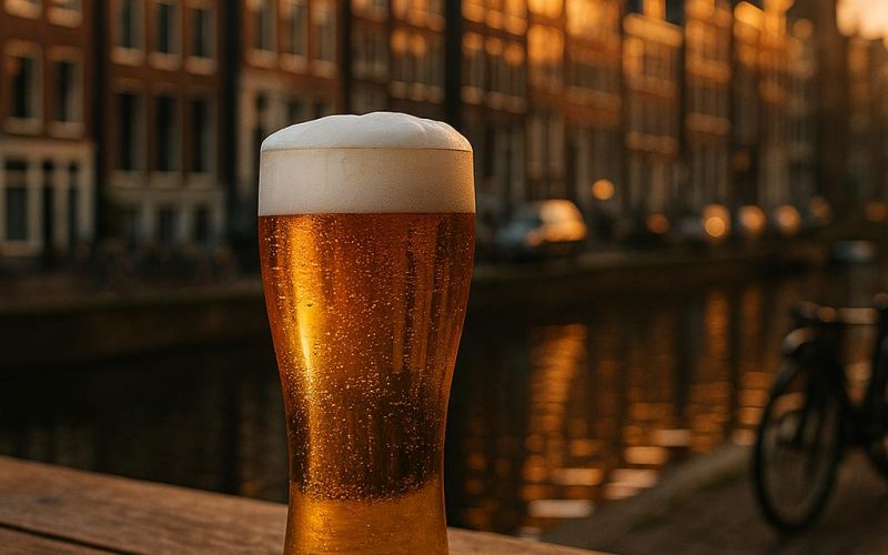 Goldenes Pilsnerglas vor Amsterdamer Grachtenhäusern im warmen Abendlicht, ohne Personen