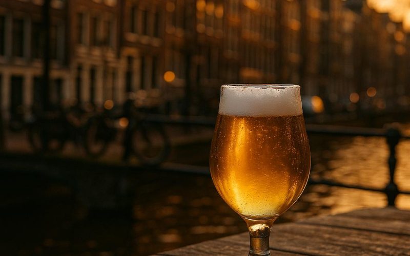 Hellgoldenes Pils im Glas auf Holztisch vor Amsterdamer Grachtenhäusern bei goldenem Licht, ohne Personen – perfekter Moment für Swinckels’ in Amsterdam
