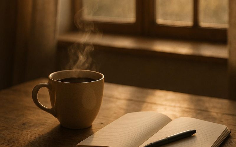 Morgenroutine Stillleben ohne Personen: Tasse Kaffee, Notizbuch und Stift im warmen Sonnenlicht auf Holztisch, ruhiger Start in den Tag