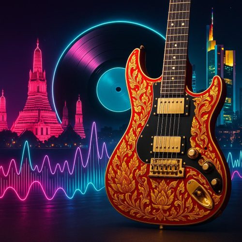 Symbolbild zu Thai Rock und Labanoon: E‑Gitarre mit thailändischen Ornamenten vor Bangkok‑ und Frankfurt‑Silhouette bei Nacht, ohne Personen, Hinweis auf mögliches Konzert in Hanau 2025