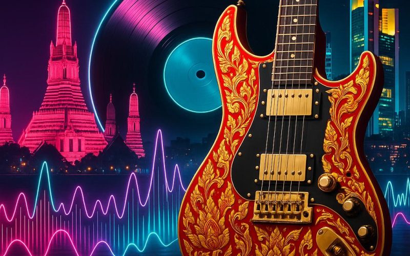 Symbolbild zu Thai Rock und Labanoon: E‑Gitarre mit thailändischen Ornamenten vor Bangkok‑ und Frankfurt‑Silhouette bei Nacht, ohne Personen, Hinweis auf mögliches Konzert in Hanau 2025