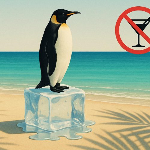 Illustration eines Pinguins auf einem Eiswürfel an tropischem Strand mit durchgestrichenem Cocktail-Symbol – Faktencheck Pinguine in Thailand