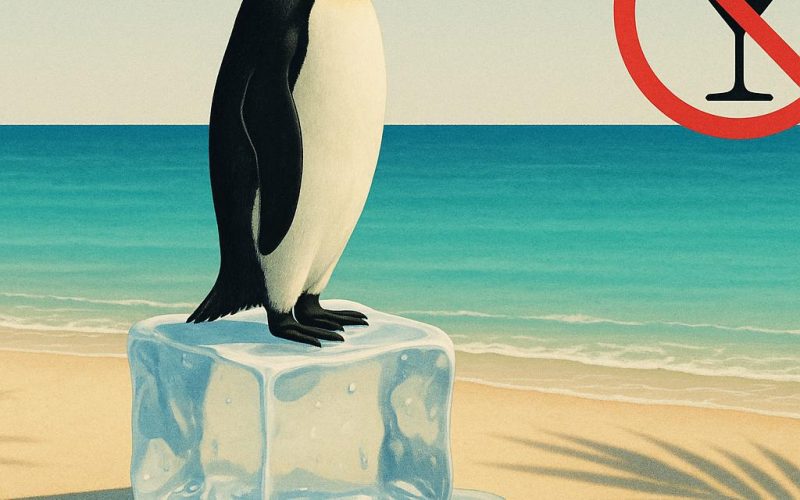 Illustration eines Pinguins auf einem Eiswürfel an tropischem Strand mit durchgestrichenem Cocktail-Symbol – Faktencheck Pinguine in Thailand