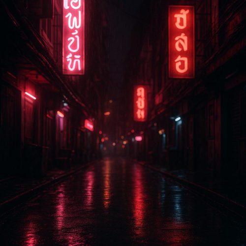 Leere Neonstraße in Bangkok bei Nacht mit regen­nassem Asphalt – symbolisches Bild für Soi Cowboy, Nachtleben, Reue und Selbstreflexion