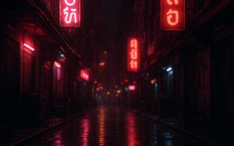 Leere Neonstraße in Bangkok bei Nacht mit regen­nassem Asphalt – symbolisches Bild für Soi Cowboy, Nachtleben, Reue und Selbstreflexion