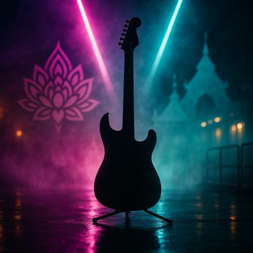 Symbolisches Bild zum Thailand Event in Hanau: neonfarbene Lichter, Gitarren-Silhouette und thailändische Ornamente vor einer Veranstaltungshalle, ohne Personen