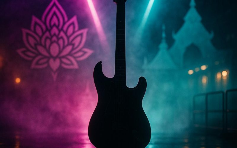 Symbolisches Bild zum Thailand Event in Hanau: neonfarbene Lichter, Gitarren-Silhouette und thailändische Ornamente vor einer Veranstaltungshalle, ohne Personen