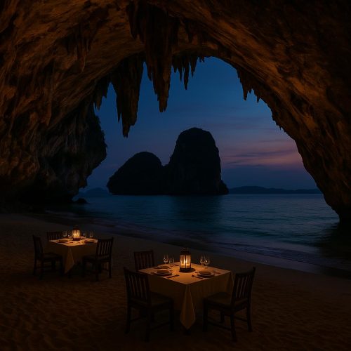 Romantisches Höhlenrestaurant The Grotto im Rayavadee, Krabi, direkt am Phranang Beach mit Laternen, Kalksteinfelsen und Andamanensee bei Sonnenuntergang, ohne Personen