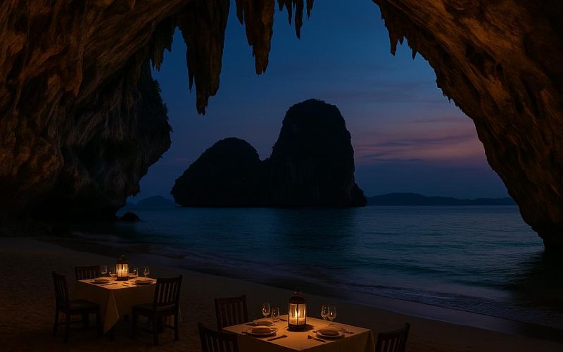 Romantisches Höhlenrestaurant The Grotto im Rayavadee, Krabi, direkt am Phranang Beach mit Laternen, Kalksteinfelsen und Andamanensee bei Sonnenuntergang, ohne Personen