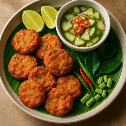 Tod Man Pla: thailändische Fischküchlein mit roter Currypaste auf Bananenblatt, dazu Gurken-Relish, Limetten und frische Kräuter