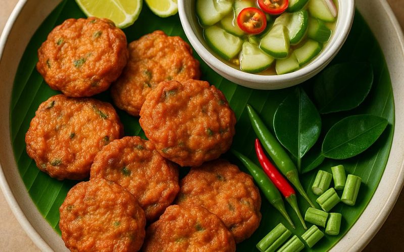 Tod Man Pla: thailändische Fischküchlein mit roter Currypaste auf Bananenblatt, dazu Gurken-Relish, Limetten und frische Kräuter