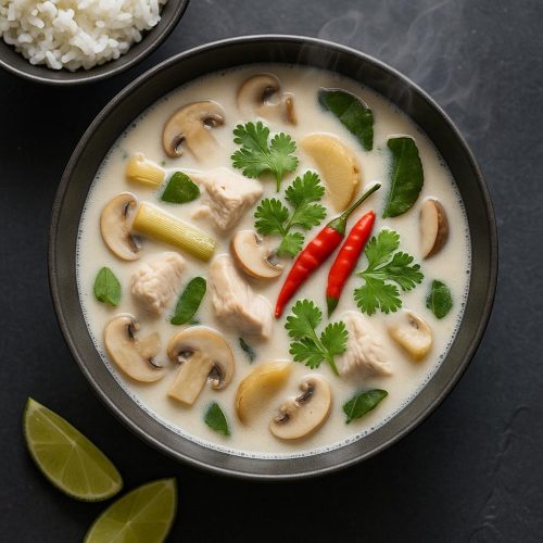 Schüssel Tom Kha Gai mit Galgant, Zitronengras, Kaffirlimettenblättern, Pilzen und Hähnchen in cremiger Kokosbrühe – authentische thailändische Kokossuppe