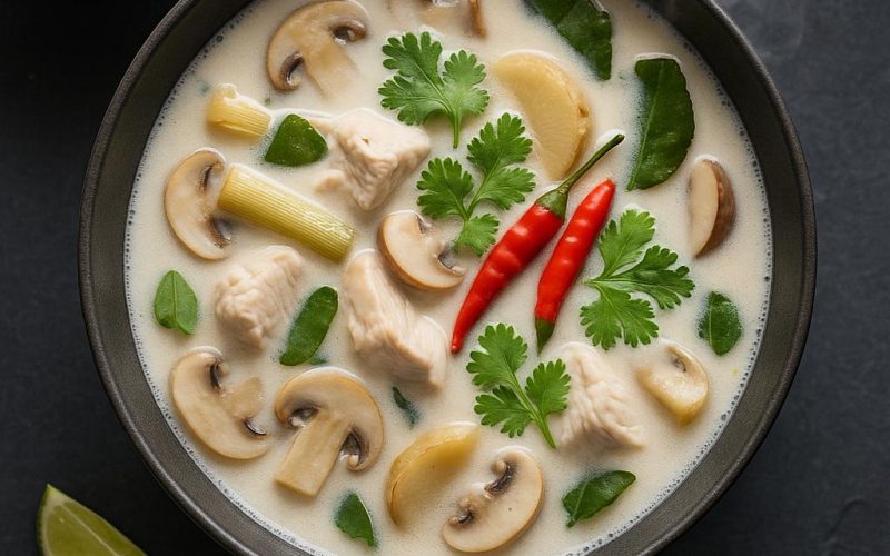 Schüssel Tom Kha Gai mit Galgant, Zitronengras, Kaffirlimettenblättern, Pilzen und Hähnchen in cremiger Kokosbrühe – authentische thailändische Kokossuppe