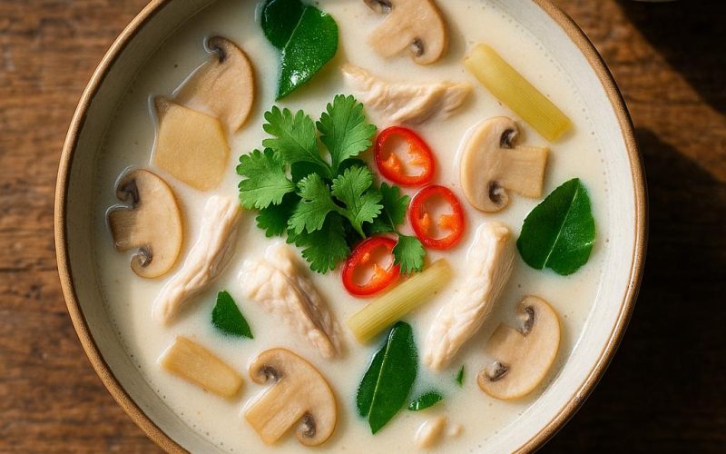 Tom Kha Gai – thailändische Kokossuppe mit Galgant, Zitronengras, Kaffirlimettenblättern, Pilzen und Hähnchen in einer Schale, serviert mit Jasminreis – authentisches Rezept