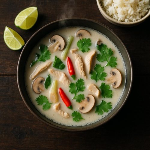 Schüssel Tom Kha Gai mit Kokosmilch, Galgant, Zitronengras, Kaffir‑Limettenblättern, Pilzen und roten Chilis – authentisches Thai‑Rezept