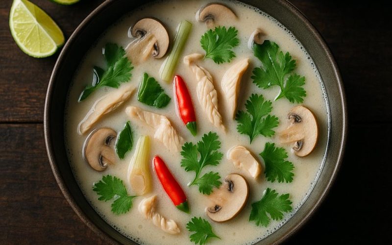 Schüssel Tom Kha Gai mit Kokosmilch, Galgant, Zitronengras, Kaffir‑Limettenblättern, Pilzen und roten Chilis – authentisches Thai‑Rezept