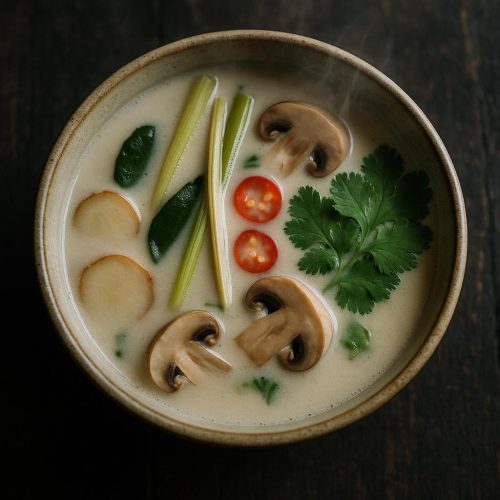 Tom Kha Gai in einer Schale mit Pilzen, Galgant, Zitronengras und Kaffir-Limettenblättern – authentische thailändische Kokos-Suppe, einfaches Rezept