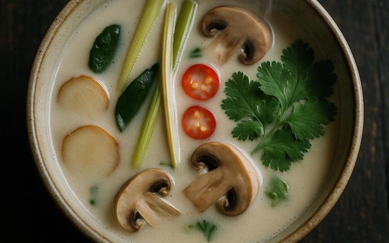 Tom Kha Gai in einer Schale mit Pilzen, Galgant, Zitronengras und Kaffir-Limettenblättern – authentische thailändische Kokos-Suppe, einfaches Rezept