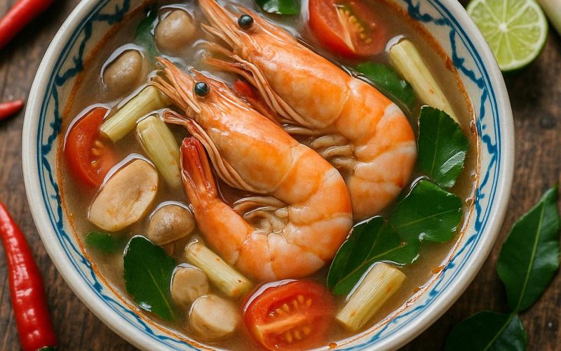 Tom Yum Goong – aromatische thailändische Garnelensuppe mit Zitronengras, Galgant, Kaffirlimettenblättern und Chili, authentisches Rezept