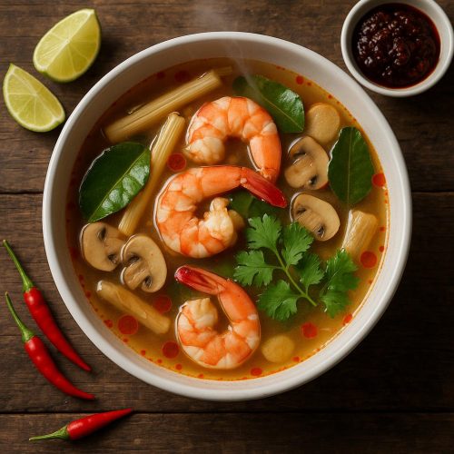 Schale mit Tom Yum Goong – klare thailändische Garnelensuppe mit Zitronengras, Galgant, Kaffirblättern, Pilzen und Koriander, authentisches Rezept