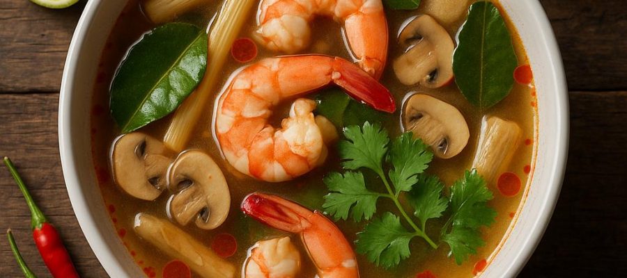 Schale mit Tom Yum Goong – klare thailändische Garnelensuppe mit Zitronengras, Galgant, Kaffirblättern, Pilzen und Koriander, authentisches Rezept