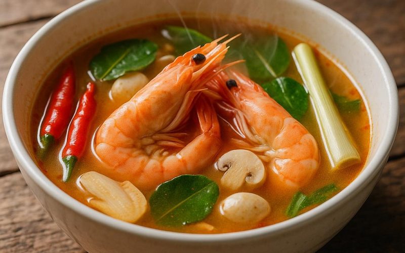 Tom Yum Goong Rezept – klare scharf‑saure thailändische Garnelensuppe mit Garnelen, Zitronengras, Galgant, Kaffirlimettenblättern und roten Chilis