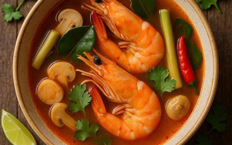 Tom Yum Goong: scharf-säuerliche thailändische Garnelensuppe mit Garnelen, Zitronengras, Galgant, Kaffir-Limettenblättern und Chili – authentisches Rezeptfoto