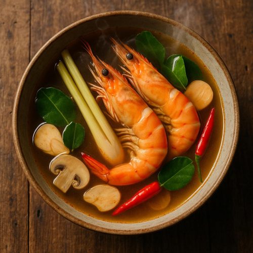 Tom Yum Goong in Schüssel mit Garnelen, Zitronengras, Kaffirlimettenblättern, Galgant und Chili auf Holztisch – authentisches thailändisches Suppenrezept