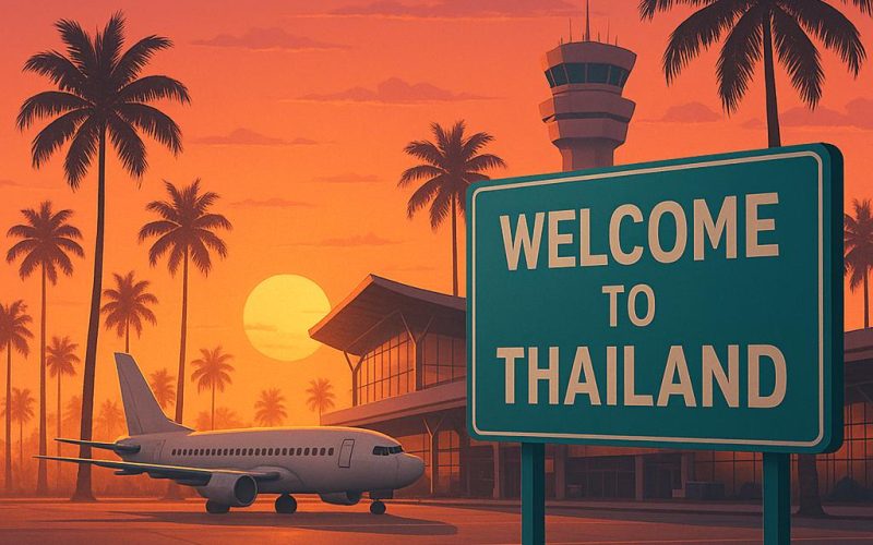 Symbolbild für visafreie Einreise nach Thailand mit tropischem Flughafen bei Sonnenuntergang und Willkommensschild