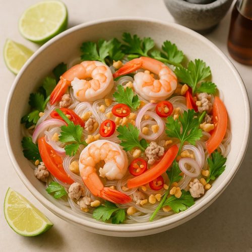 Schüssel mit Yam Woon Sen, thailändischem Glasnudelsalat mit Garnelen, Koriander, Chili, Tomate und Limette – authentisches, schnelles Rezept