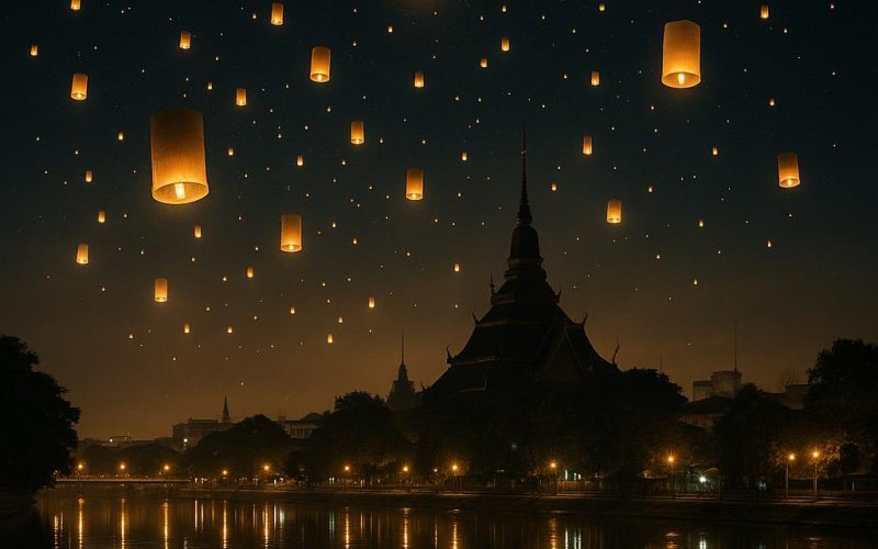 Leuchtende Himmelslaternen über Chiang Mai beim Yi Peng Laternenfest; Spiegelungen im Ping-Fluss und Tempelsilhouette, stimmungsvolle Nacht ohne Menschen