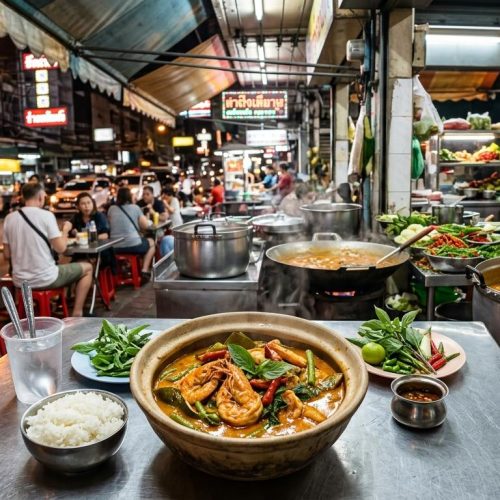 Photorealistic Gaeng Phed Goong on a simple table in the foreground of a busy Bangkok night street-food curry shop with warm neon lighting and authentic local details.