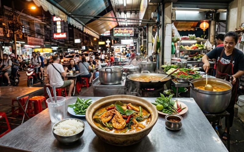 Photorealistic Gaeng Phed Goong on a simple table in the foreground of a busy Bangkok night street-food curry shop with warm neon lighting and authentic local details.