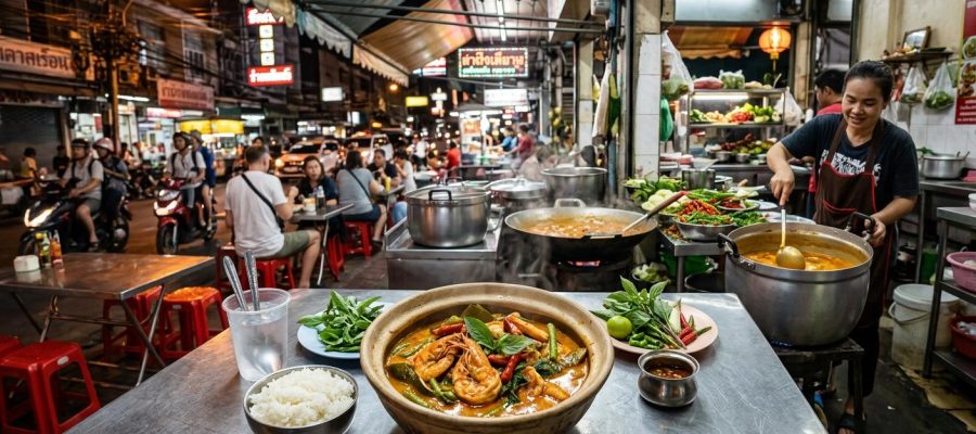 Photorealistic Gaeng Phed Goong on a simple table in the foreground of a busy Bangkok night street-food curry shop with warm neon lighting and authentic local details.