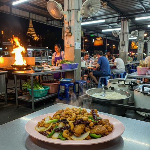 Photorealistic Gai Pad Med Mamuang on a simple metal table in an authentic night street-side restaurant in Ubon Ratchathani, with neon-lit Thai-Chinese market atmosphere in the background.