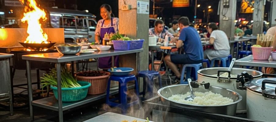 Photorealistic Gai Pad Med Mamuang on a simple metal table in an authentic night street-side restaurant in Ubon Ratchathani, with neon-lit Thai-Chinese market atmosphere in the background.