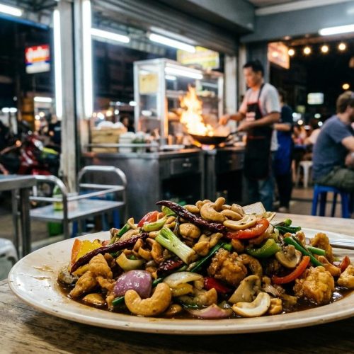Photorealistic Gai Pad Med Mamuang on a simple table in an authentic open-front Thai-Chinese restaurant in Ubon Ratchathani at night, with neon lights, stainless tables, plastic chairs, and a lively Isaan street-food atmosphere.