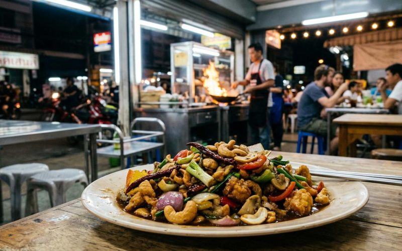 Photorealistic Gai Pad Med Mamuang on a simple table in an authentic open-front Thai-Chinese restaurant in Ubon Ratchathani at night, with neon lights, stainless tables, plastic chairs, and a lively Isaan street-food atmosphere.