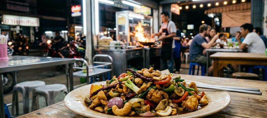 Photorealistic Gai Pad Med Mamuang on a simple table in an authentic open-front Thai-Chinese restaurant in Ubon Ratchathani at night, with neon lights, stainless tables, plastic chairs, and a lively Isaan street-food atmosphere.