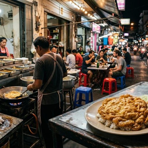 Photorealistic Khai Jiao on a simple table in a busy Bangkok night street-food eatery with plastic stools, stainless counter, open kitchen, and warm neon-lit documentary atmosphere.