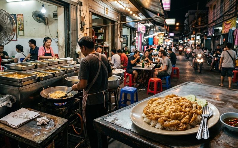 Photorealistic Khai Jiao on a simple table in a busy Bangkok night street-food eatery with plastic stools, stainless counter, open kitchen, and warm neon-lit documentary atmosphere.
