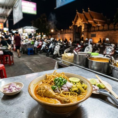 Photorealistic night travel photo of Chiang Mai khao soi with chicken on a simple table in a small authentic street-side restaurant, with warm lights, red plastic stools, curry pots, scooters, and subtle Old City and Lanna temple details in the background.
