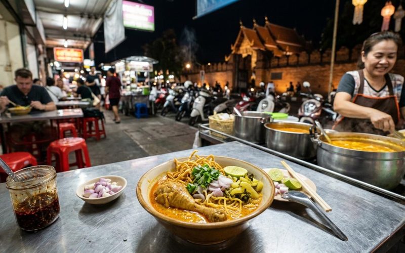 Photorealistic night travel photo of Chiang Mai khao soi with chicken on a simple table in a small authentic street-side restaurant, with warm lights, red plastic stools, curry pots, scooters, and subtle Old City and Lanna temple details in the background.