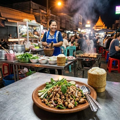 Photorealistic night street-food scene in Ubon Ratchathani with larb gai in the foreground on a simple local table, sticky rice beside it, and an authentic busy Isaan market stall in the background.