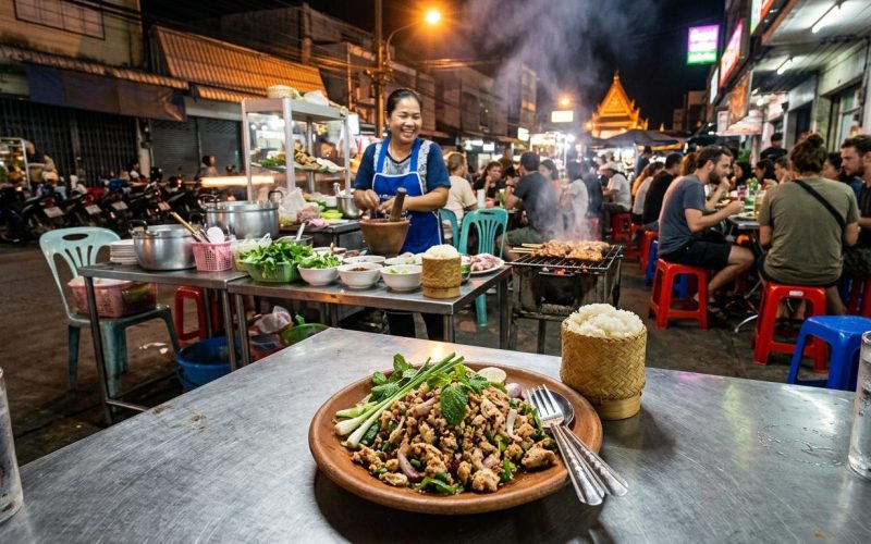 Photorealistic night street-food scene in Ubon Ratchathani with larb gai in the foreground on a simple local table, sticky rice beside it, and an authentic busy Isaan market stall in the background.