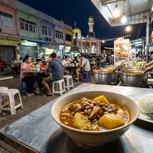 Photorealistic Massaman curry with chicken on a simple local table in a busy Muslim street-food restaurant in Pattani at night, with coastal background, pastel shophouses, mosque elements, and soft market lighting.